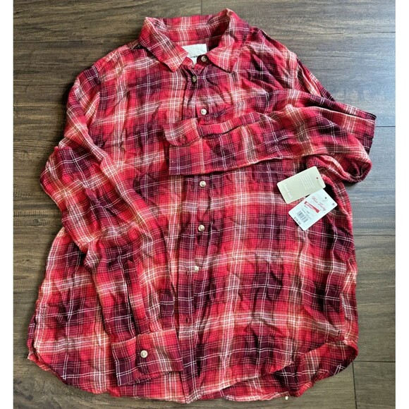 Lucky Brand Women's Cloud Soft Plaid Relaxed Boyfriend Button down Shirt Red XS - Picture 6 of 9